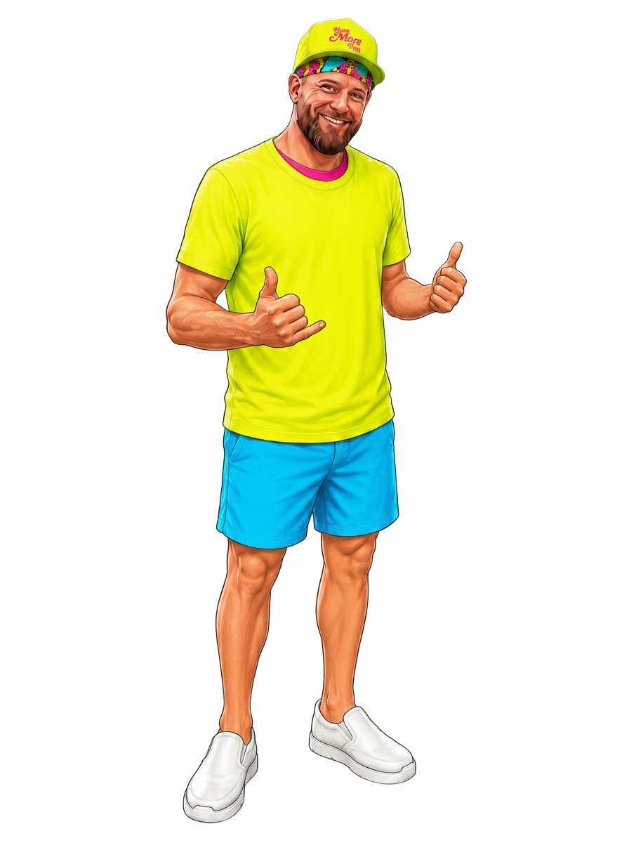 Kenny in his 80s neon night look β neon yellow 'Have More Fun' hat with colorful headband, neon yellow-green tee over a pink undershirt, bright blue shorts, and white slip-on shoes